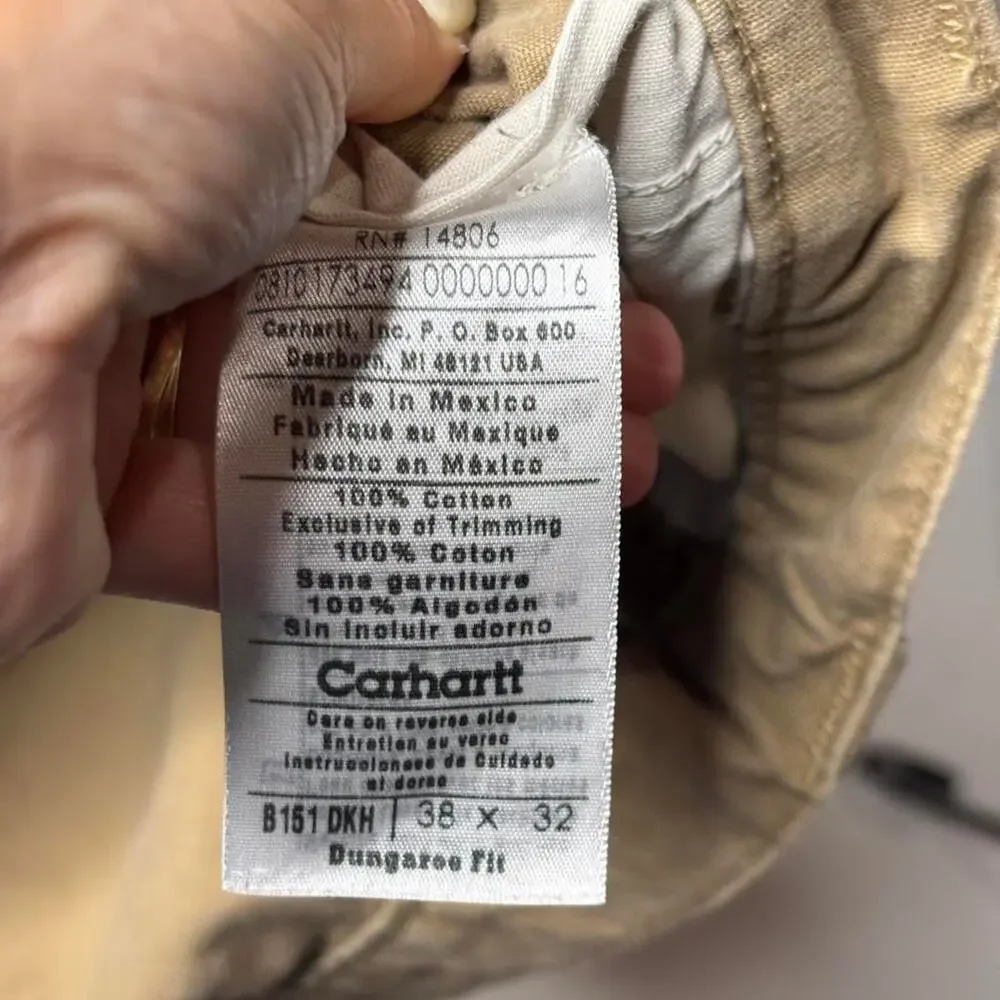 Carhartt B151 Dungaree Fit Carpenter Work Pants 38x32 Dark Khaki Tan Distressed